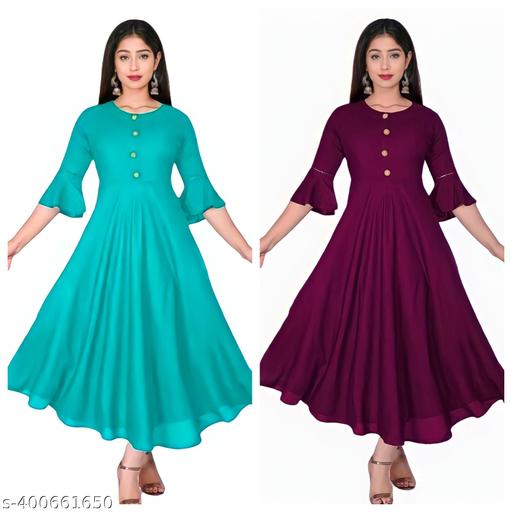 Stylish New Fashionable Women Casual Solid Round Neck Anarkali Rayon Kurta (Aqua Blue, Wine) (Pack Of 2)