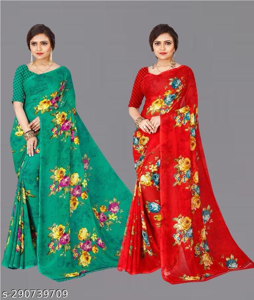 Combo Floral Sarees, Set of 2, Georgette Printed Sarees With Blouse Piece