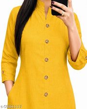Trendy Attractive Traditional Women Yellow Solid Daily Wear A-Line Kurtis With Mandarin Collar & Pocket (Latest Design for Festive Season 2026)