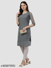 Arth World Women's Embroidered Georgette Straight Kurti