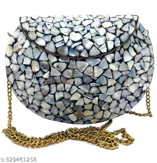Shakuntala Textiles Women/Girls Bridal metal Sea shell clutch party sling bag Ethnic Indian Handmade mosaic metal bag Silver