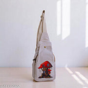Beige & Off White Canvas Sling Bag with Cute Purple Berry Cartoon Print & Fairy Mushroom House Design | Unisex Crossbody Shoulder Bag for Travel, College, Office & Daily Use