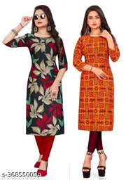 Polyster/Crepe fabric-Stylish Women's MultiColor Digital Printed Straight Kurti (COMBO-2)