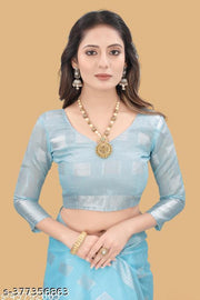Arani Pattu Cotton Linen Silk Saree with Blouse Piece (Aqua & Silver) Hathi Saree