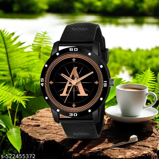 MAVIA WATCHESAnalog Round black Dial ALPHABET A Design Stylish black Strap Classic Design Fancy Watch for Men and Boys, Pack of 1 ALPHABET A-AVO-BLK-SFR-1