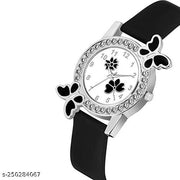 Analogue Butterfly Dimond Studded Flower Design Dial PU Strap Analog Girl's and Women's Watch