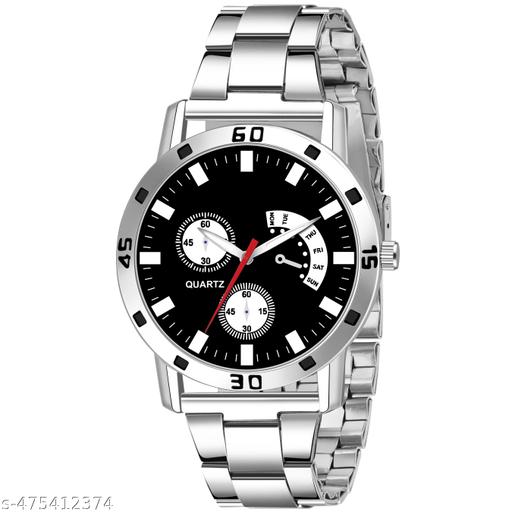 Trendy Steel Round Black Dial Analog Wrist Watch For Men and Boys