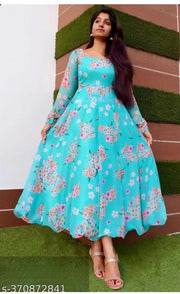 QVAZOR Stylish Fancy Trendy Printed Gown For Women For Party Wedding Festival Functions