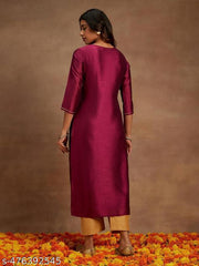 Designer Silk Blend Straight Kurta || Women Embroidered Silk Blend Straight Kurta ||