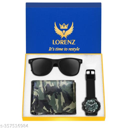 LORENZ Army Design Men's Watch, Army Design Wallet & Black Sunglasses Combo for Men | Gift Combo for Boys | CM-2069SN-WL-23