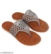 Woven design slippers, braided strap flats, metallic grey flats, silver upper t-strap chappal, open back flat sandals