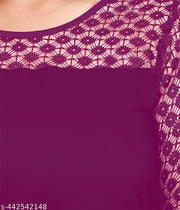 Casual American Crepe And Net Round-Neck 3/4 Length Sleeve Purple Kurti (45"Inches)