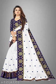 Plain Beautiful White Saree With Big Gola Border With Patchwork