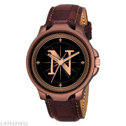Welix Analog Round Black Dial ALPHABET N Design Stylish Brown Leather Strap Classic Design Fancy Wrist Watch for Men and Boys, Pack of 1 - ALPHA-N-3K-BRW-CHL