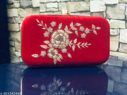 Women Stylish & Trendy Red Velvet Embroidery Clutch