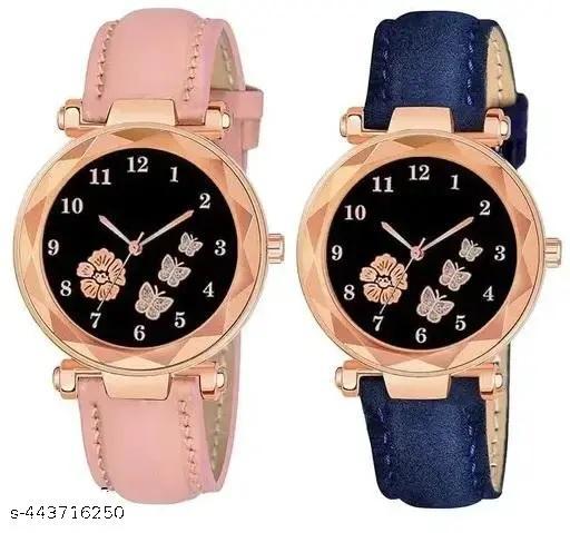 New Stylish Analog New Flower Print Dial Lathers Strap Girls and Womans Watches(pink&black)