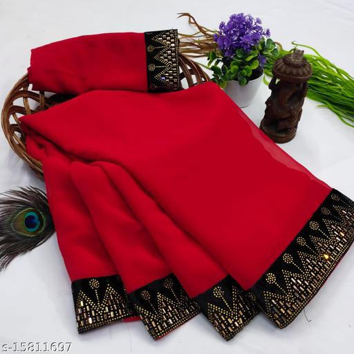 Rovilo Fashion Women's Georgette Hot-Fix Daimod Woven Party Wedding Saree Red Color