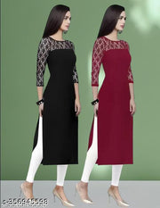 Polyster/Crepe fabric-Pack of 1 Casual And Round-Neck 3/4 Length Sleeves Black & Maroon Kurti (42"Inches)
