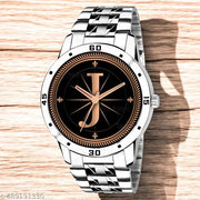 Sky Mart  Analog Round Black Dial ALPHABET J Design Stylish Silver Stainless Steel Strap Classic Design Fancy Wrist Watch for Men and Boys, Pack of 1 - ALPHA-J-AVO-SIL-STL