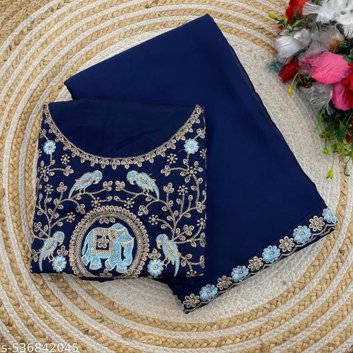Women's Navy Blue Heavy Embroidered Silk Saree with Cutwork Border & Figure Designer Blouse Piece