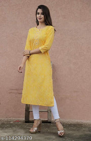 Women Leheriya Print A-Line Cotton Yellow Kurti