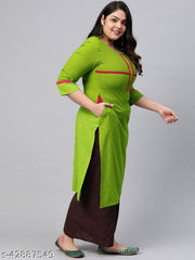 Akiko Women's Plus Size Cotton Slub Regular Straight Kurta (Green)