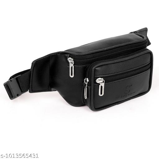 S Plus Black Waist Bag for Men & Women | PU Leather Kamar Pouch | 4 Zipper Pockets | Adjustable Belt Bag | Travel, Running, Hiking & Daily Use
