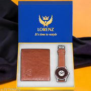 Lorenz Gift Combo Set of Tan Brown Analog Watch & Hi-Quality PU Wallet for Men | CM-404WL-61
