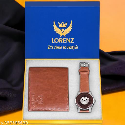 Lorenz Gift Combo Set of Tan Brown Analog Watch & Hi-Quality PU Wallet for Men | CM-404WL-61