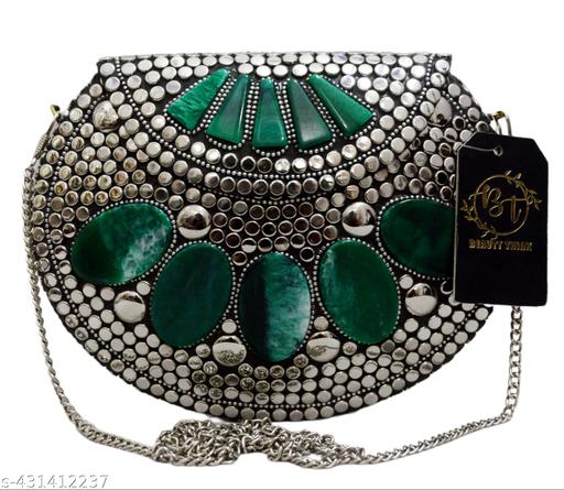 BEAUTY THINK Metal Clutch green & sliver party wear look