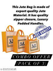 Printed Eco-Friendly Tribal Canvas Print Jute Bag/Shopping Bag/Grocery Bag with Zip Closure (light orange), Pack of 3