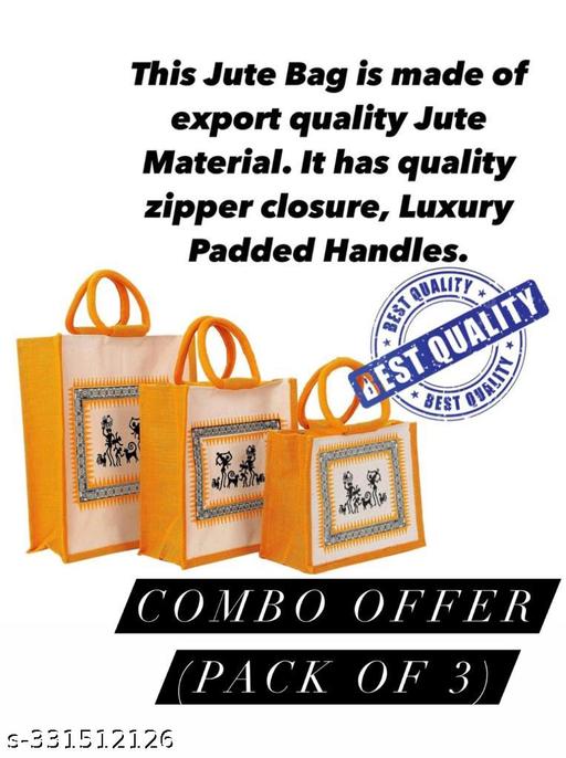 Printed Eco-Friendly Tribal Canvas Print Jute Bag/Shopping Bag/Grocery Bag with Zip Closure (light orange), Pack of 3