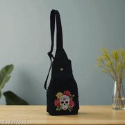 Black Canvas Sling Bag with Floral Sugar Skull Print | Gothic Crossbody Shoulder Bag for Women & Men | Stylish Travel Messenger Backpack | Lightweight Casual Daily Use Sling Bag