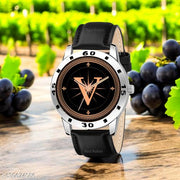 Femeo   Analog 9293  Watches Round Black Dial V Design Stylish Black Leather Strap Classic Design Fancy Wrist Watch for Men and Boys, Pack of 1 - A07ZALPHA-V-AVO-SIL-BLK-L