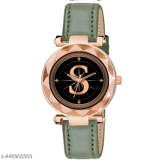 Skoal Analog Round Black Dial ALPHABET S Design Stylish Green Leather Strap Classic Design Fancy Wrist Watch for Women and Girls, Pack of 1 - ALPHA-S-GEN-RG-GRN-L