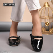 JM Looks Women's Glossy Patent Slip-On Mules with Bow Detail Flat Sandal Comfortable Cushion Footbed for Office Party & Casual Wear- Black