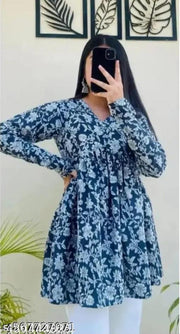 Womens Rayon Printed  New Stylish Indigo  V-Neck  Top  Bule