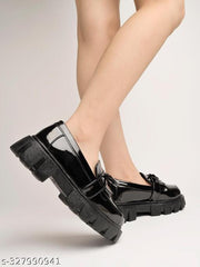 Front Tie Detailed Black Loafers For Women