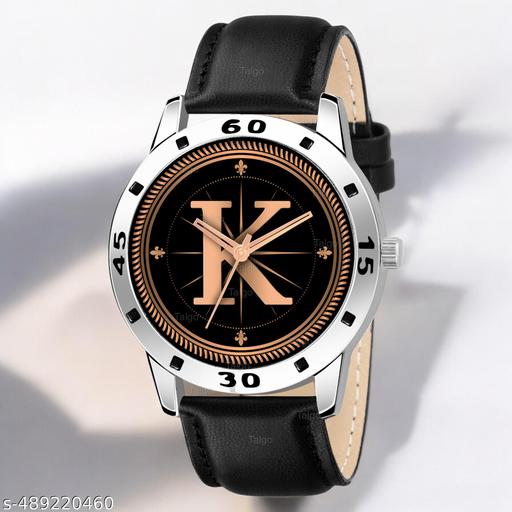 Krolexe Analog Round Black Dial ALPHABET K Design Stylish Black Leather Strap Classic Design Fancy Wrist Watch for Men and Boys, Pack of 1 - ALP-K-AVO-SIL-BLK-L