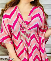 Trendy New Stylish Western Wear Chevron Printed Design Rayon Kaftan for Women's Ethnic Wear Party Wear Dress Pink White