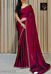 Trending New Satin Silk Saree With Beads And Stone Work Border Lace And Fancy Work Blouse