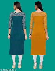 Pack of 1 Casual American Crepe And Net Round-Neck 3/4 Length Sleeves Rama & Yellow Kurti (42"Inches)