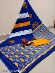 Jaipuri Hand Block Printed Soft Cotton Mulmul Saree ,Sanganeri Cotton Malmal Saree, Bagru Cotton Saree, Batic / Batik Print Cotton saree In Super Fine 92*80 Fabric Quality With Attached Blouse Piece for Woman
