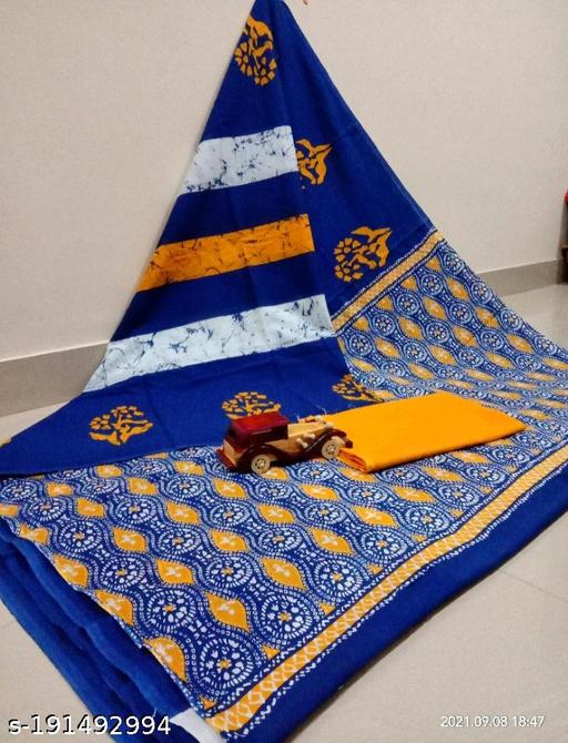Jaipuri Hand Block Printed Soft Cotton Mulmul Saree ,Sanganeri Cotton Malmal Saree, Bagru Cotton Saree, Batic / Batik Print Cotton saree In Super Fine 92*80 Fabric Quality With Attached Blouse Piece for Woman