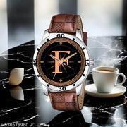 Femeo  Analog 9109 Watches Round Black Dial F Design Stylish Brown Leather Strap Classic Design Fancy Wrist Watch for Men and Boys, Pack of 1 - A07ZALPHA-F-AVO-SIL-BRW-CHL