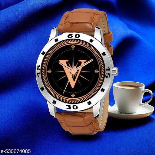 Femeo   Analog 9293  Watches Round Black Dial V Design Stylish Beige Leather Strap Classic Design Fancy Wrist Watch for Men and Boys, Pack of 1 - A07ZALPHA-V-AVO-SIL-TAN-CRL
