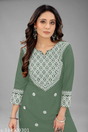 Women Embroidered Cotton Rayon Straight Kurta  (Light Green)