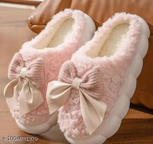 Women's Soft Fur Winter Slippers with Elegant  Bow | Warm Plush Indoor House Slides