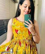 YELLOW PRINTED EMBROIDERY KURTI SLEEVELESS