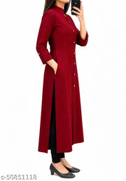 Trendy Attractive Traditional Women Maroon Solid Daily Wear A-Line Kurtis With Mandarin Collar & Pocket (Latest Design for Festive Season 2026)